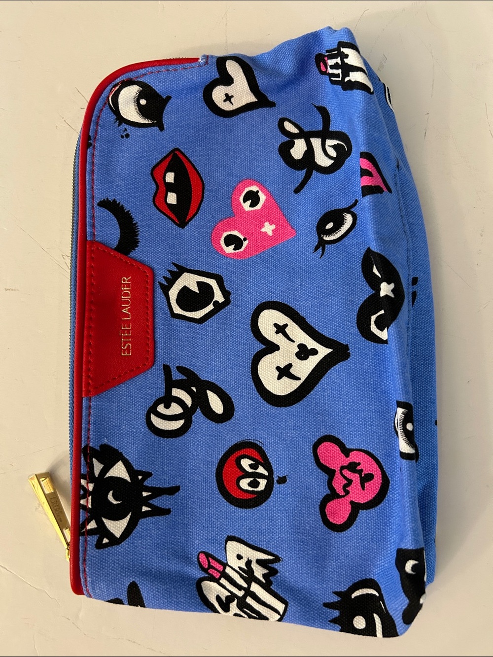 Estée Lauder Blue Graphic Cosmetic Pouch NEW fun graphics eyes lips angel wings
